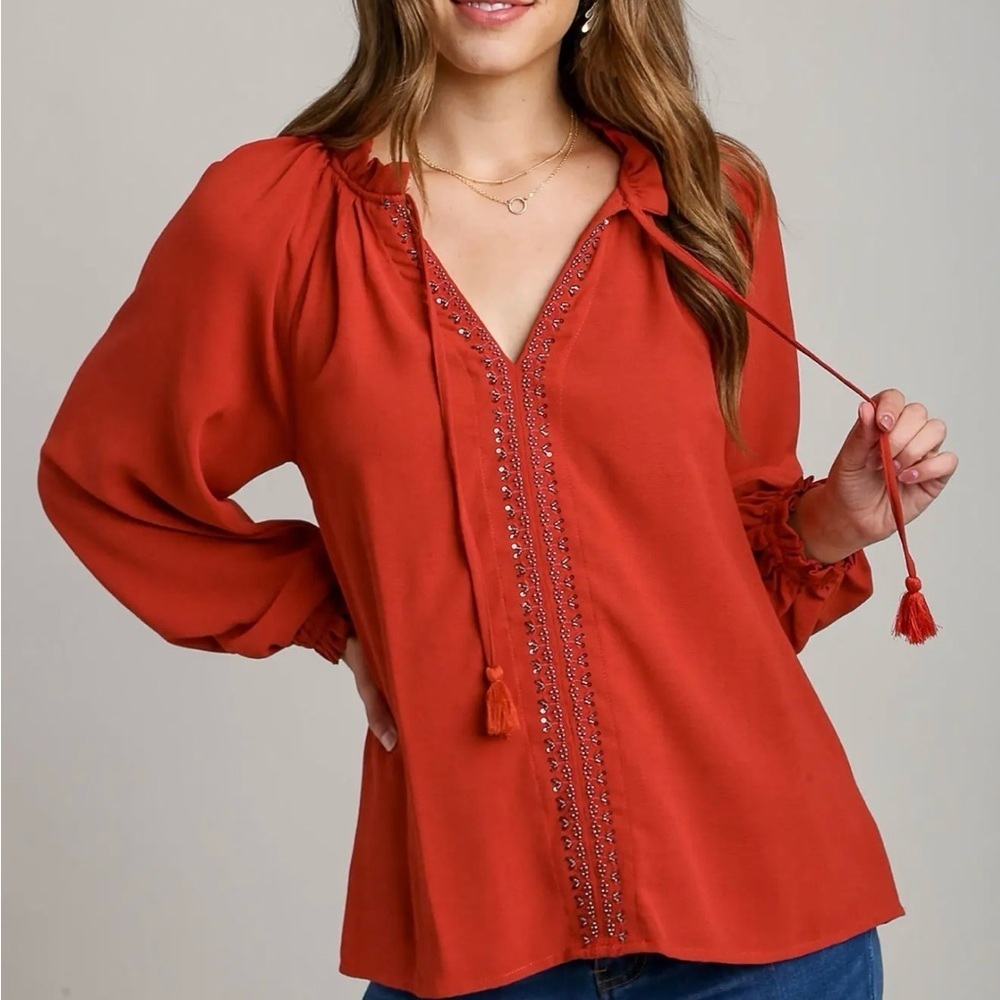 Terracotta Blouse with Embroidery